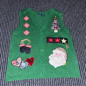 Vintage Green Medium Christmas Sweater Vest Button Santa Mittens Granny Core